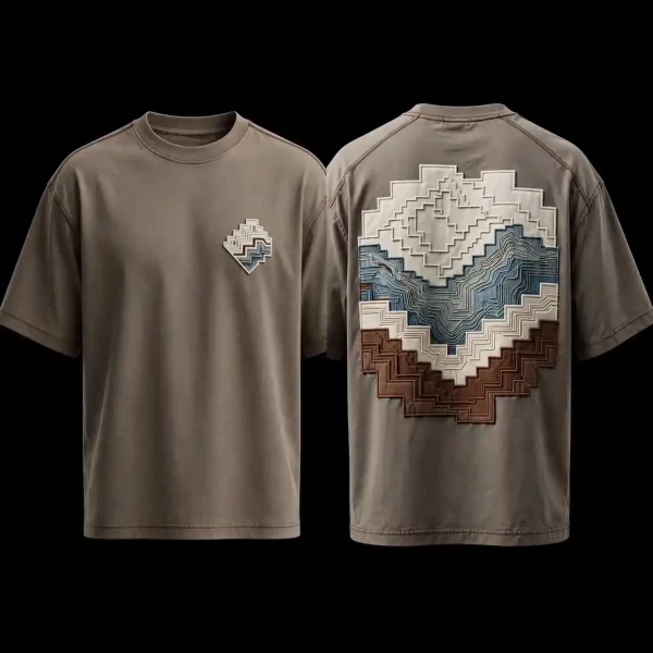 mens taupe topographic 3d layered contour mountain applique front back tshirt
