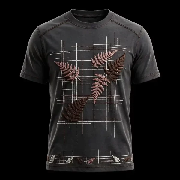 mens charcoal fern grid botanical puff leaf cross stitch grid embroidered tshirt border tee