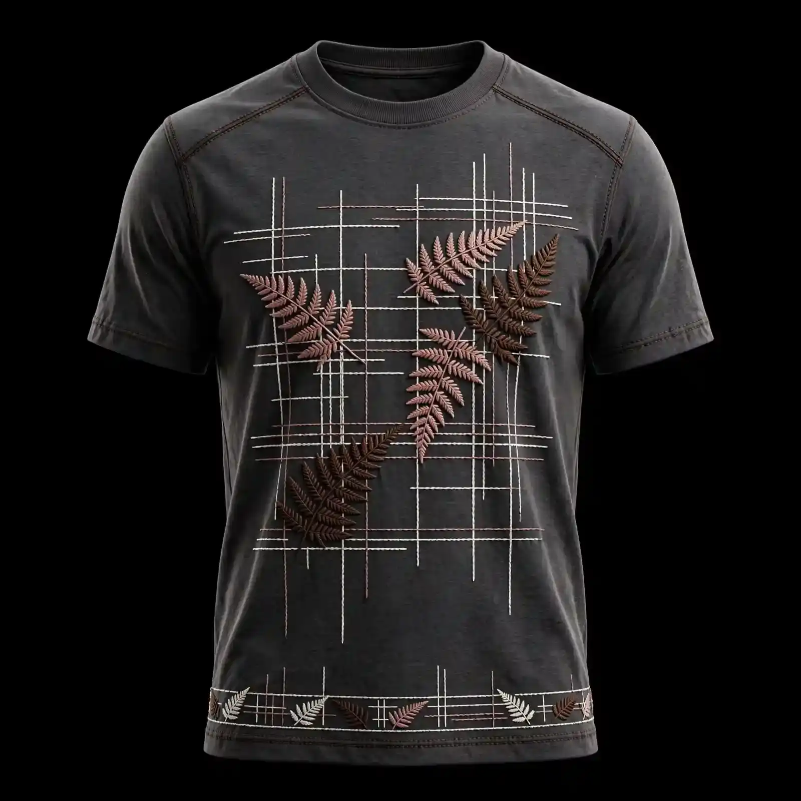 mens charcoal fern grid botanical puff leaf cross stitch grid embroidered tshirt border tee
