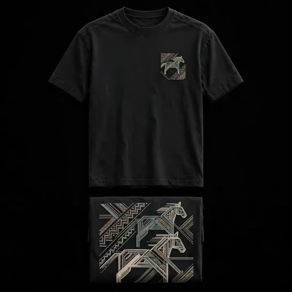 mens black geometric horse minimal line front back embroidered tshirt