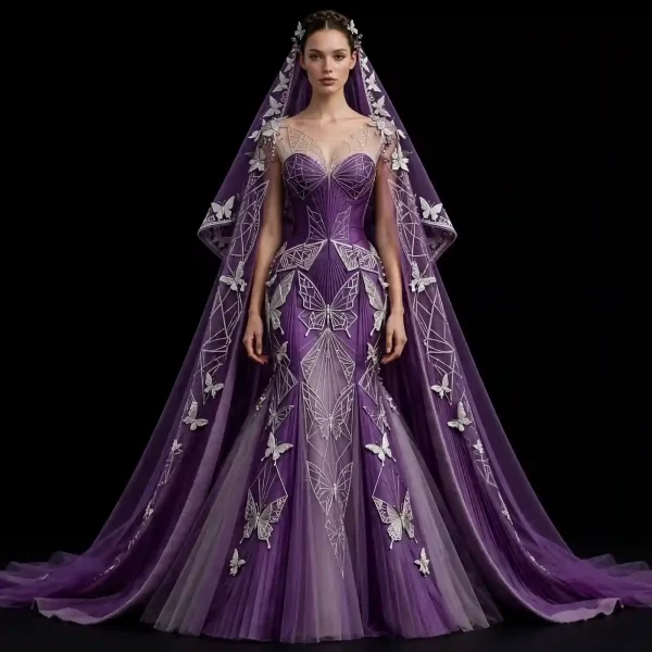 ExpensiveE  Royal Purple Silver Geometric Butterfly Lattice Mermaid Wedding Gown