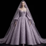 ExpensiveE  Lilac Grey Wheat Diamond Quilted Bishop Sleeve BallGown with Veil