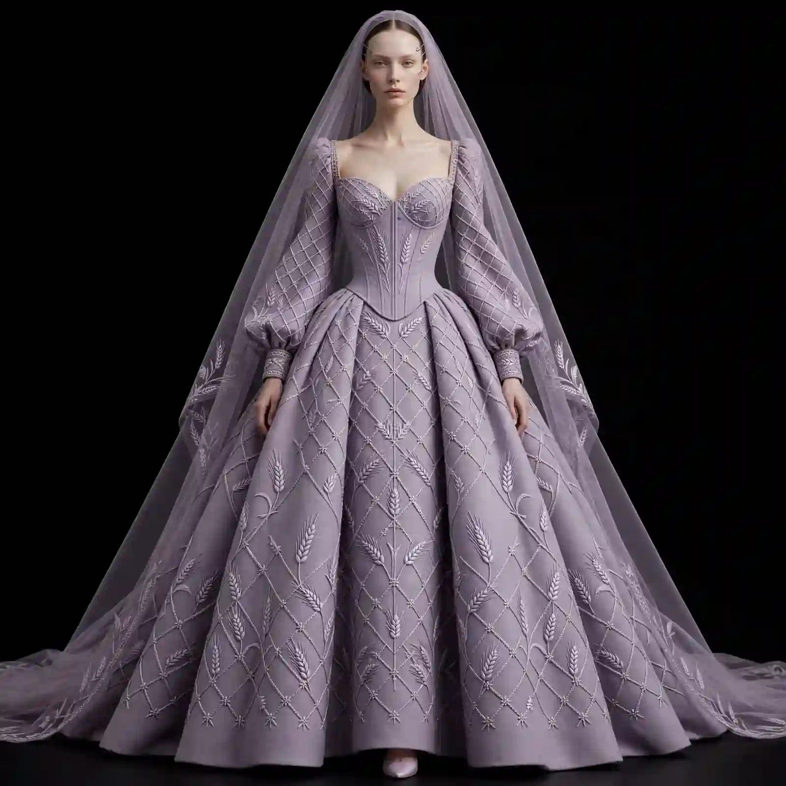 ExpensiveE Lilac Grey Wheat Diamond Quilted Bishop Sleeve BallGown with Veil