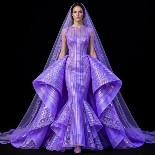ExpensiveE  Neon Violet Iridescent Pleated Fan Sculpted Mermaid WeddingGown