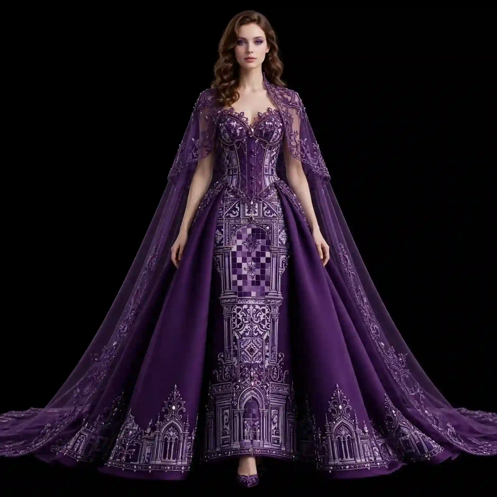 ExpensiveE Deep Plum Palace Mosaic Cathedral Cape BallGown Wedding Dress