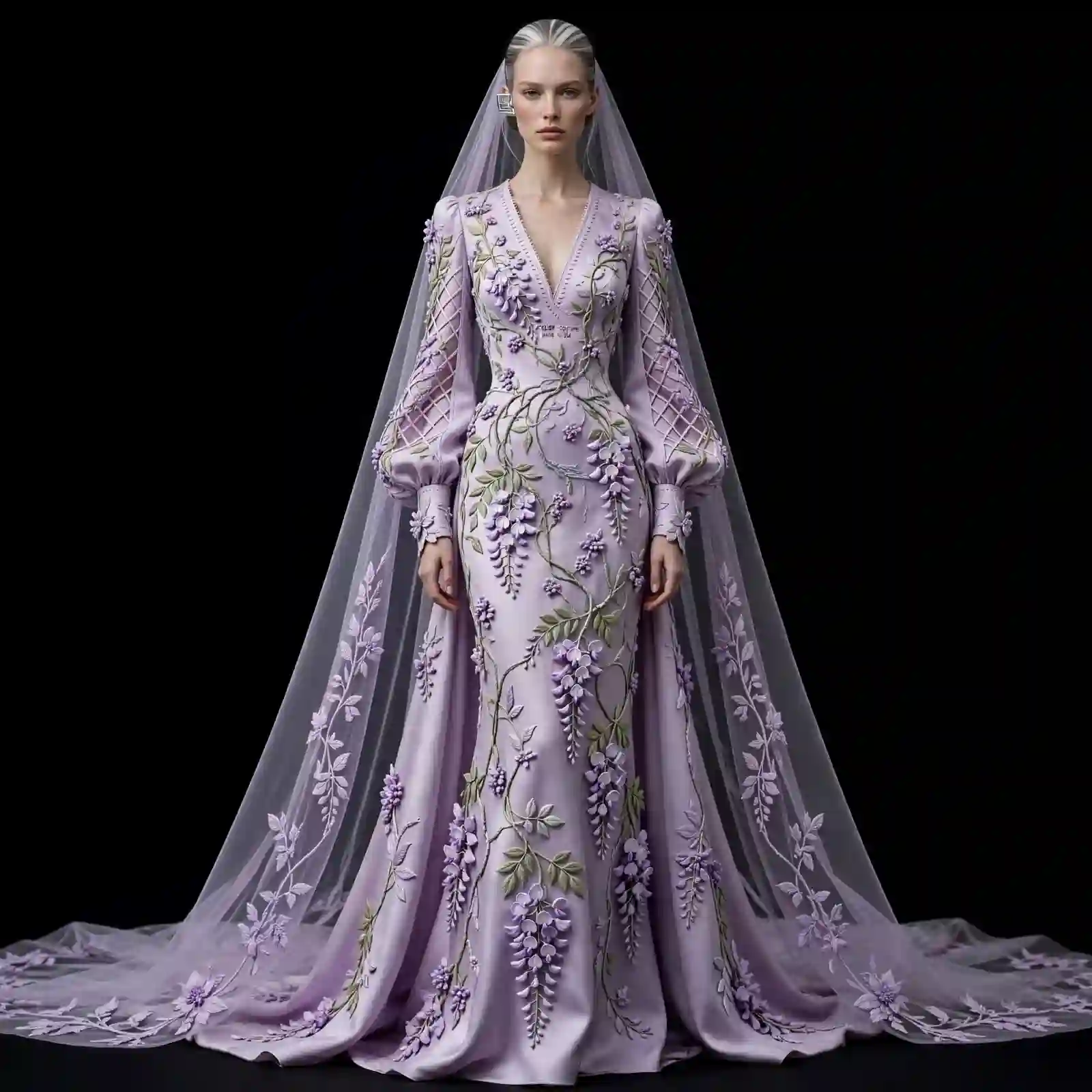 ExpensiveE ExpensiveE Ash Lilac Constellation Cross Star Beaded Mermaid Wedding Gown with Face Veil - ExpensiveE Bridal Edition