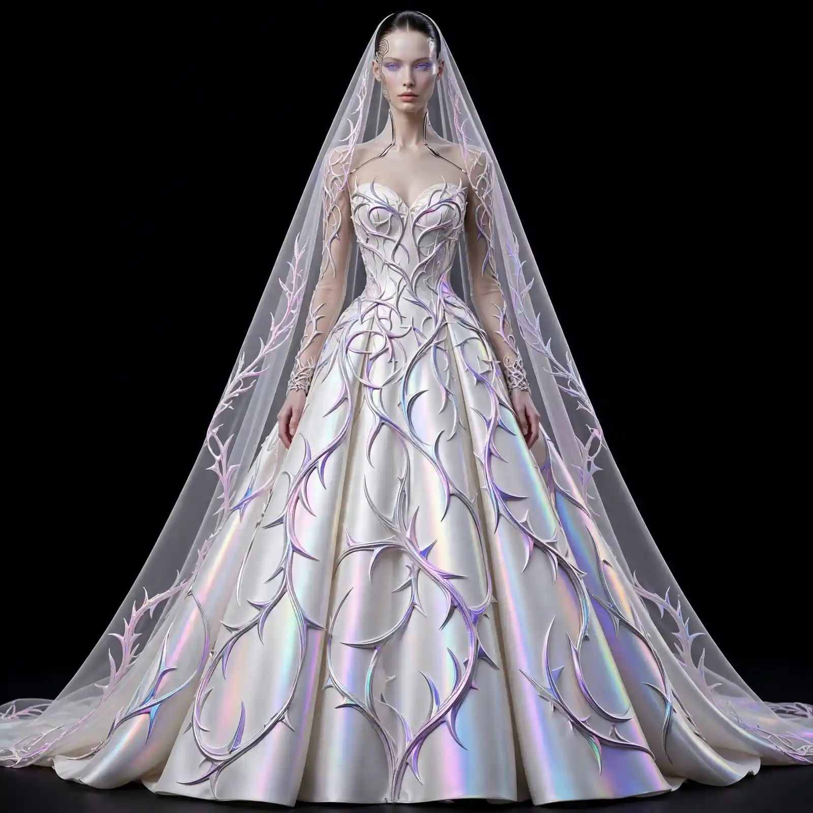 ExpensiveE ExpensiveE Wisteria Lavender 3D Floral Vine Bishop Sleeve Mermaid Wedding Gown with Long Veil - ExpensiveE Bridal Edition
