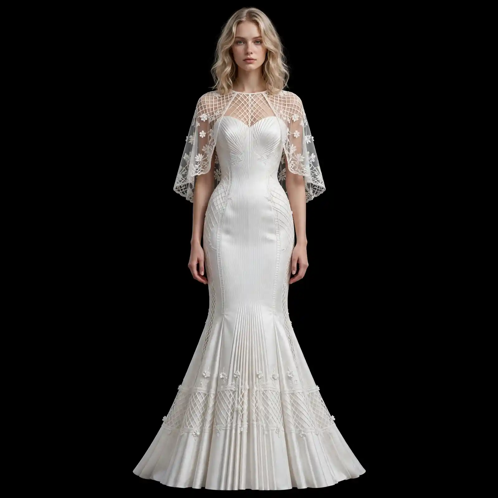 ExpensiveE Ivory Grid Lattice Daisy Floral Cape Mermaid Bridal Gown with Diamond Net Capelet