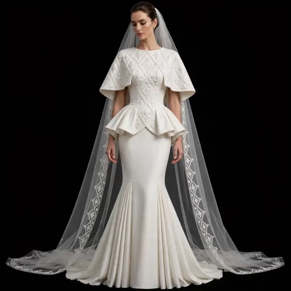 ExpensiveE  ExpensiveE  White Mountain Landscape Peplum Cape Mermaid Wedding Gown with Cathedral Veil - ExpensiveE Bridal Edition