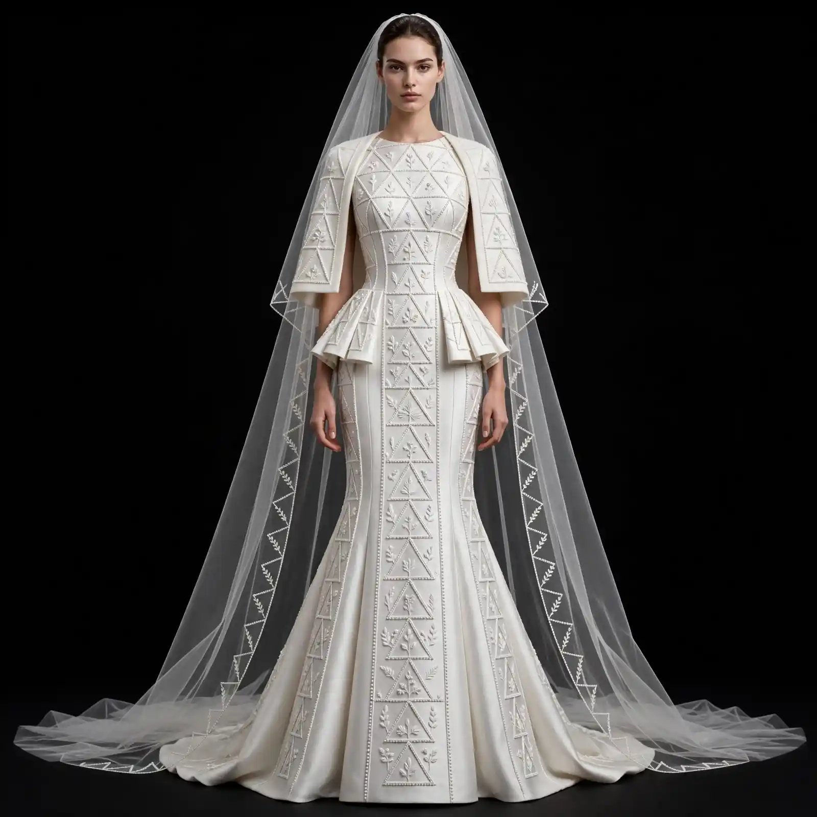 ExpensiveE ExpensiveE White Village Wheat Ear Embossed BallGown Wedding Dress with Bishop Sleeve and Lace Veil - ExpensiveE Bridal Edition