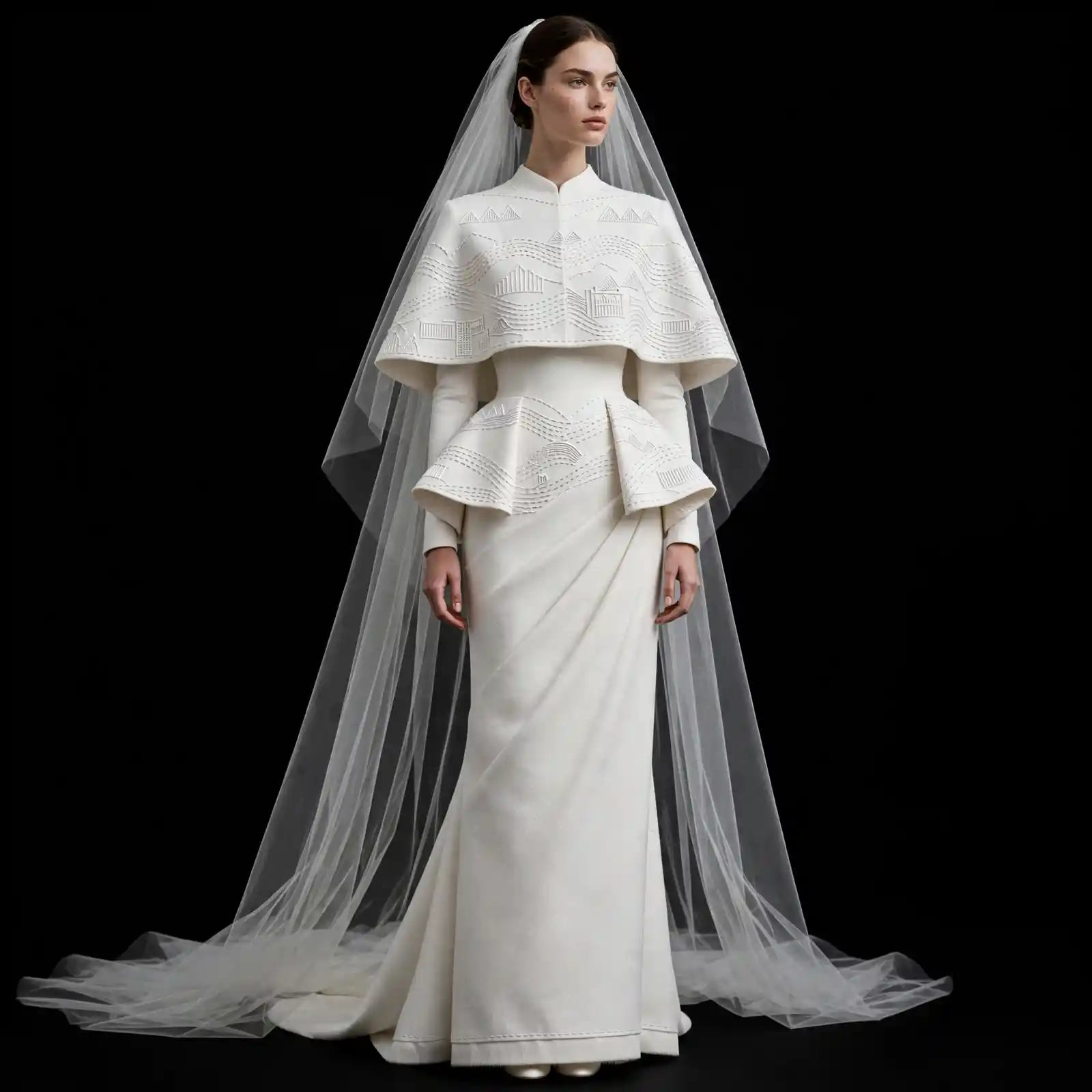 ExpensiveE ExpensiveE White Vertical Beaded Architectural Line Off-Shoulder Mermaid WeddingGown with Tulle Godet and Lace Veil - ExpensiveE Bridal Edition