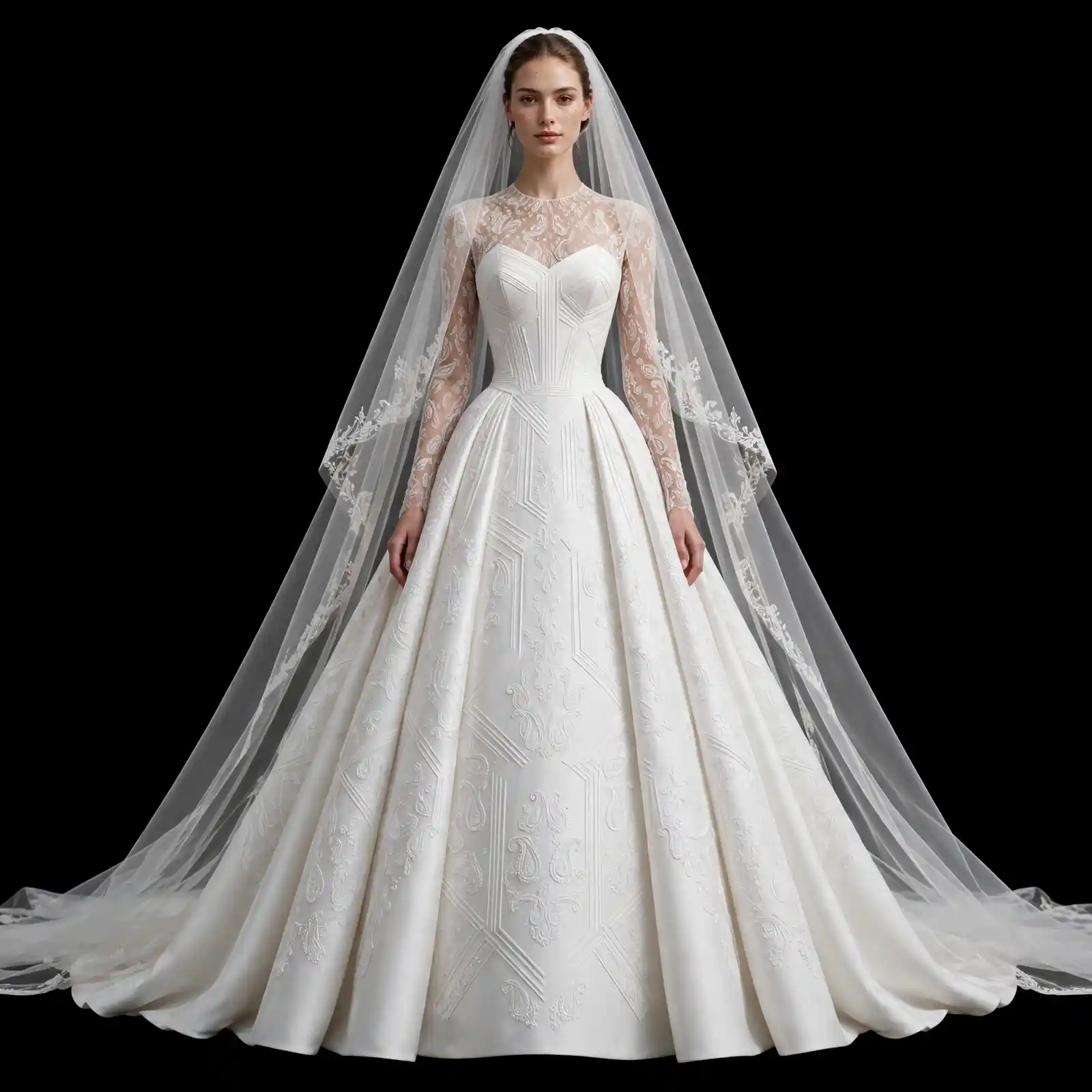 ExpensiveE Optic White Paisley Hexagon Geometric Panel BallGown with Paisley Lace Veil
