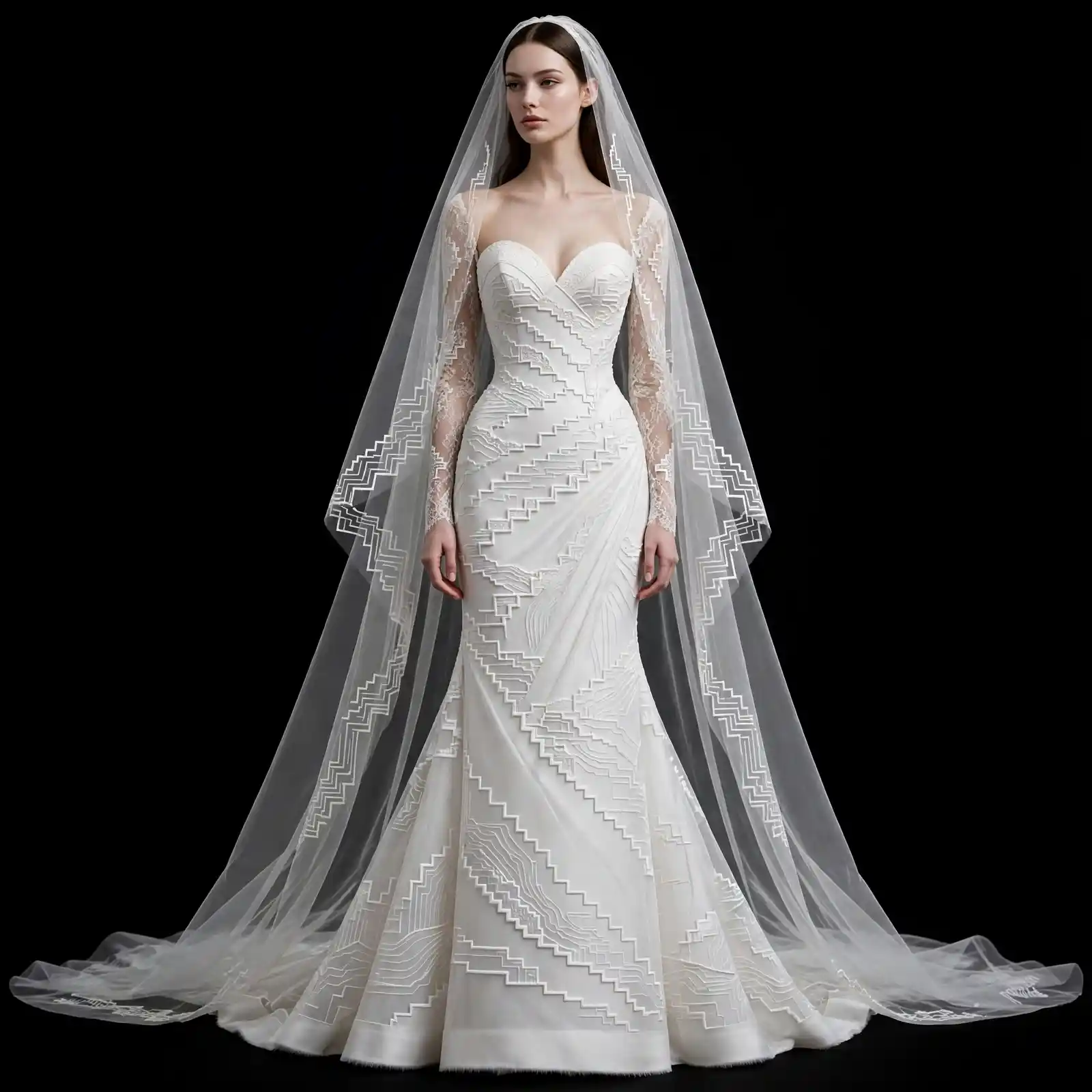 ExpensiveE Optic White Geometric Maze Origami Lace Mermaid Wedding Gown with Zigzag Veil