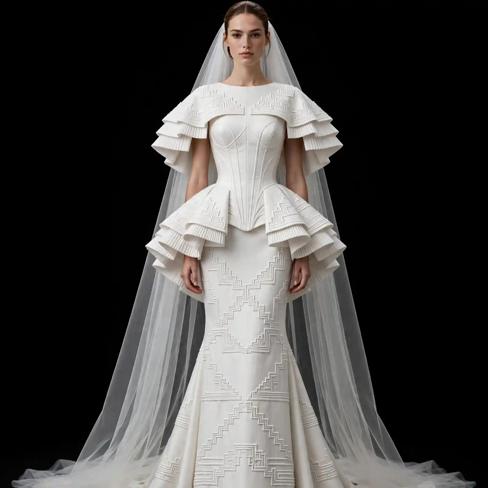 ExpensiveE White Geometric Mountain Zigzag Peplum Ruffle Cape Mermaid Bridal Gown with Cathedral Veil