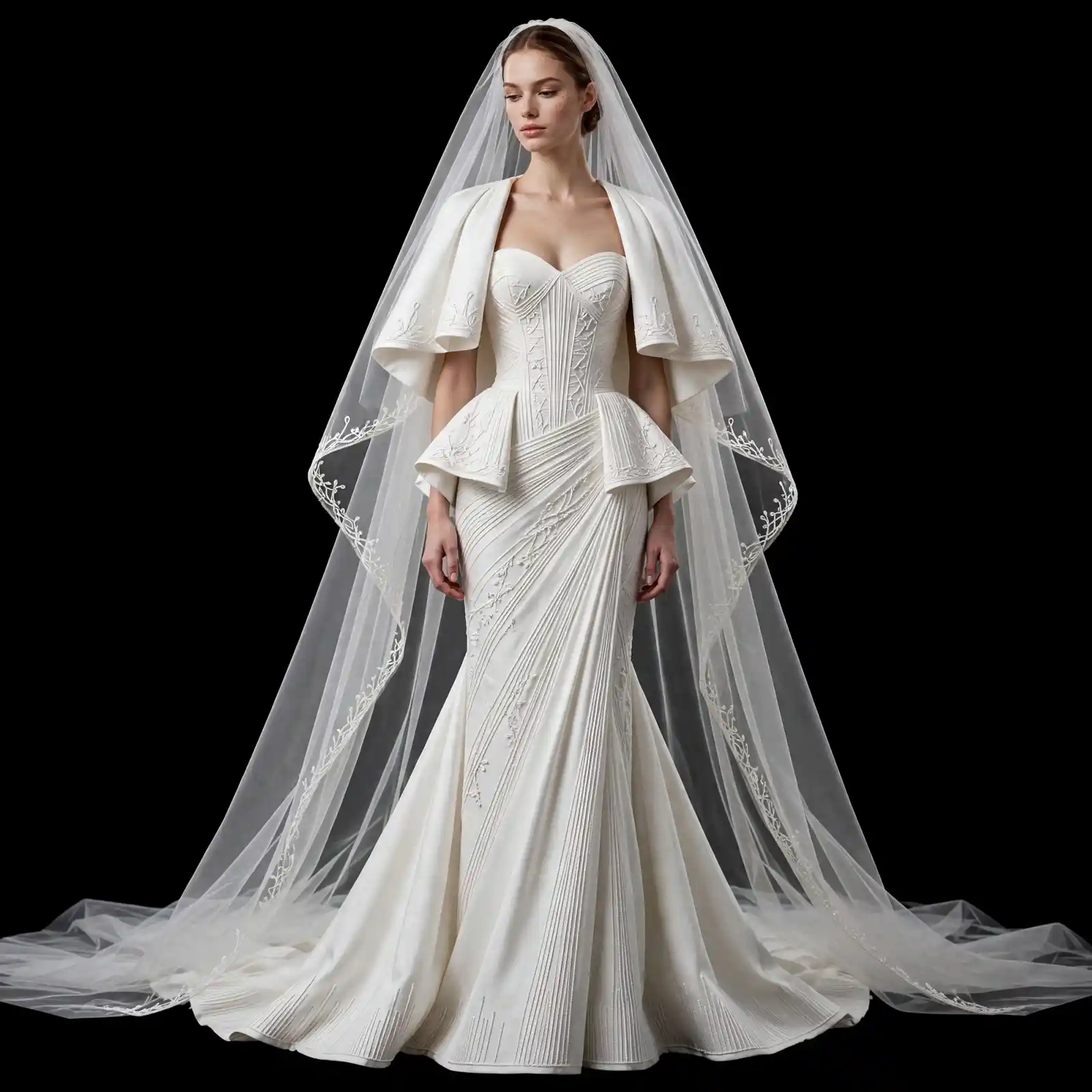 ExpensiveE ExpensiveE White Snowflake Cross Star Peplum Cape Mermaid WeddingGown with Cathedral Veil - ExpensiveE Bridal Edition