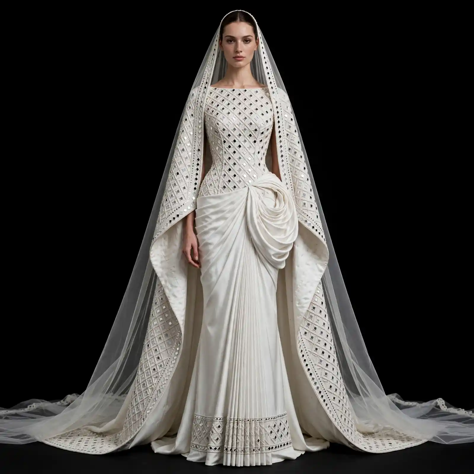 ExpensiveE ExpensiveE Ash Grey Chevron Zigzag Pleated Mermaid Wedding Gown with Short Cape Veil - ExpensiveE Edition