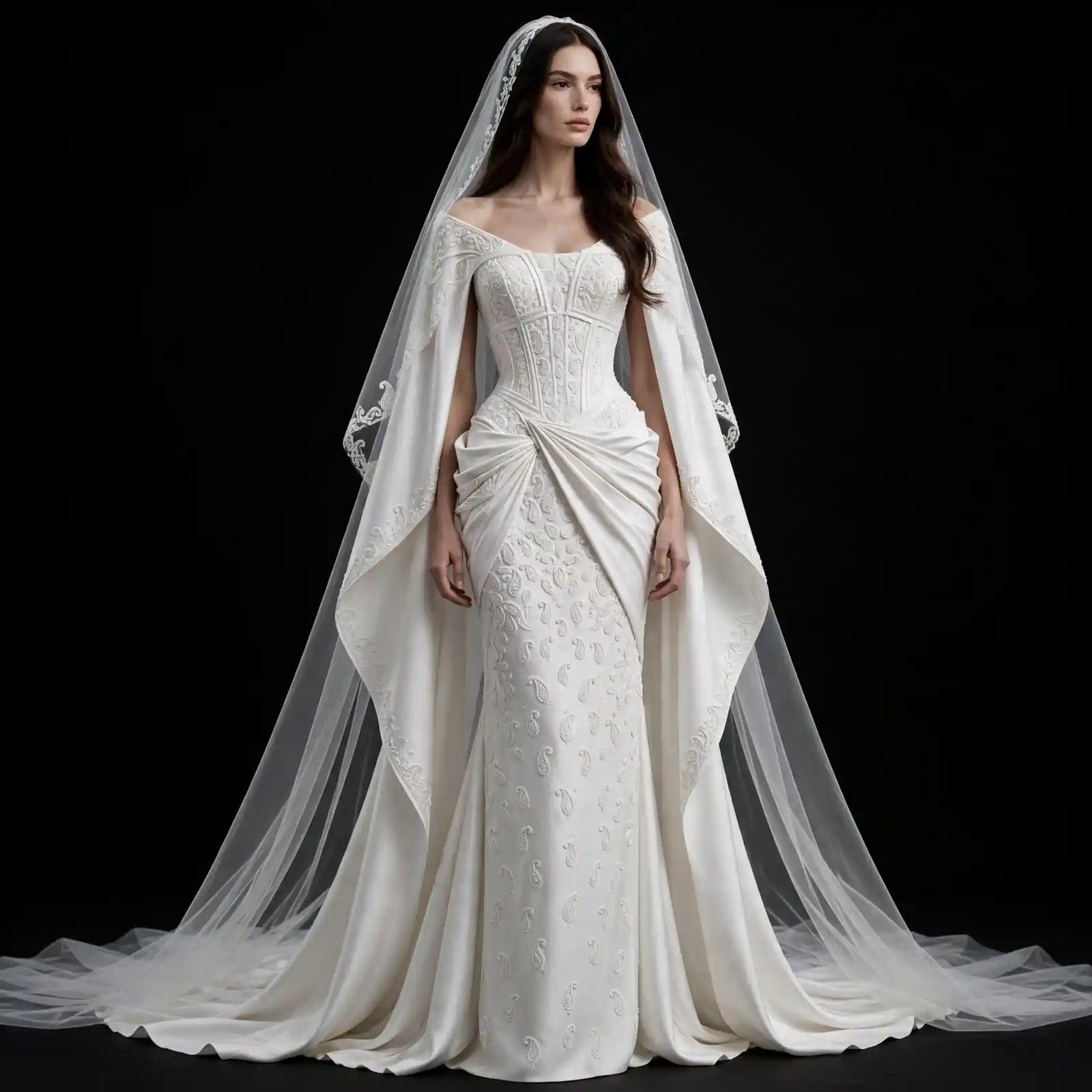 ExpensiveE ExpensiveE Light Greige Crosshatch Lattice Cape Mermaid Gown - Variant - ExpensiveE Edition