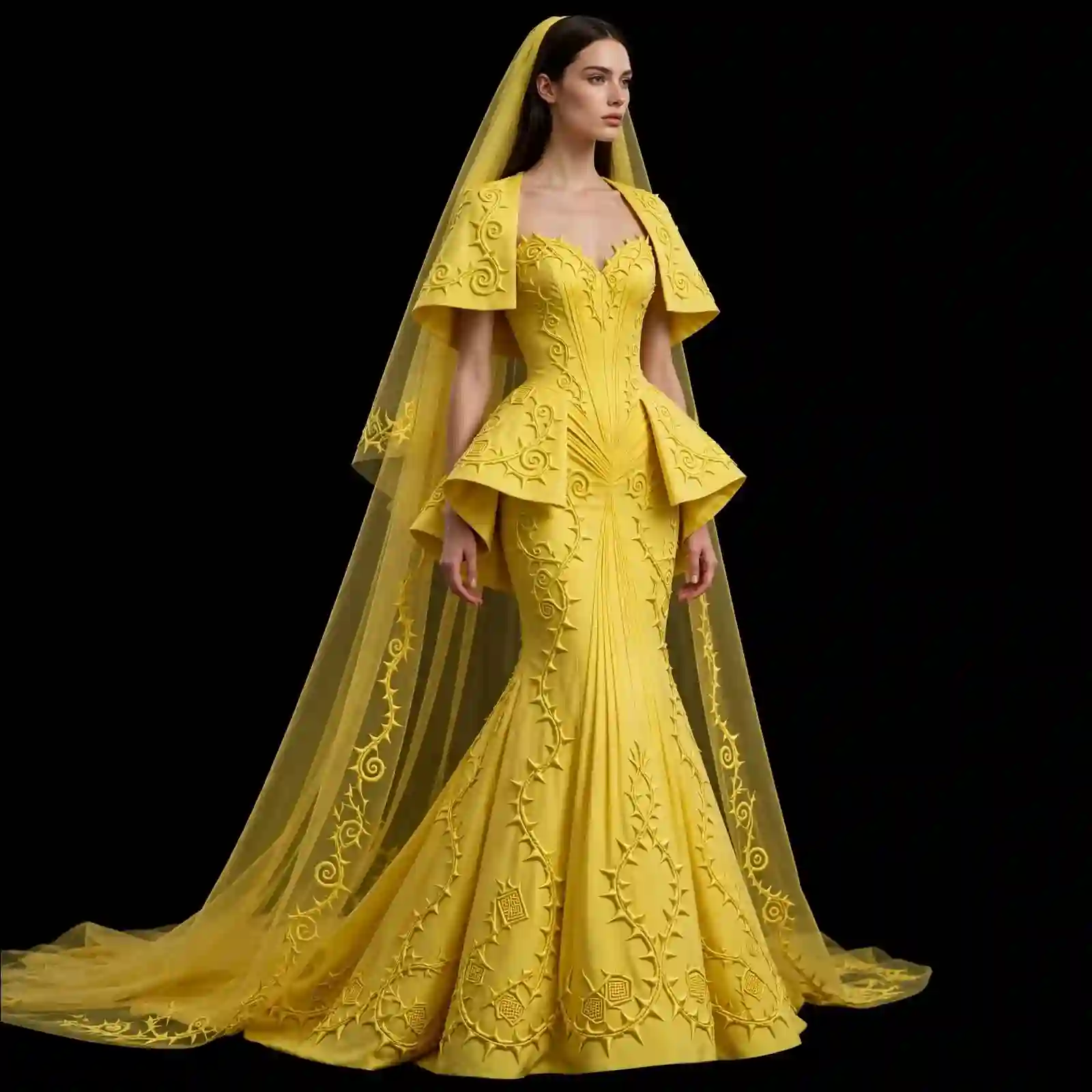 ExpensiveE Canary Yellow Thorn Vine Peplum MermaidGown - ExpensiveE Solar Flare Couture