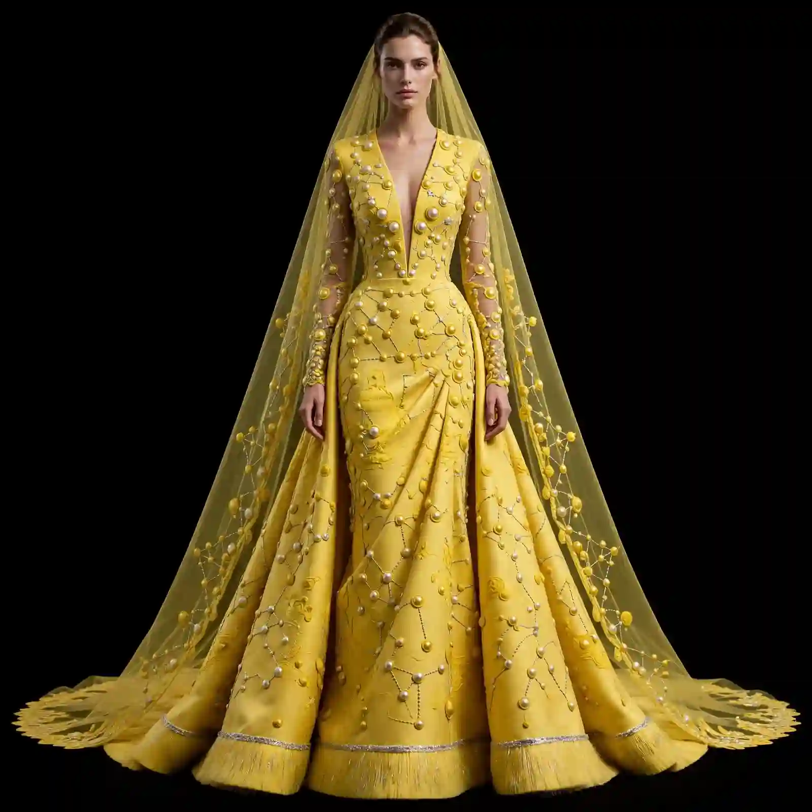 ExpensiveE Lemon Yellow Constellation Pearl Beaded CapeGown - ExpensiveE Galaxy Pearl Edition