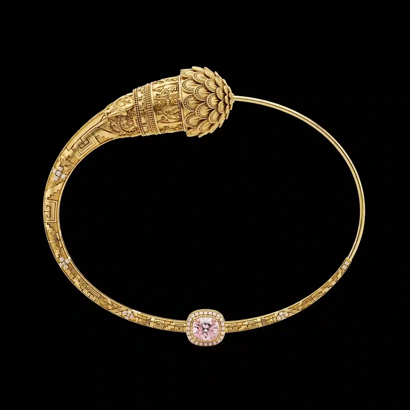 Acorn Aztec Gold Cuff Bangle - Gold Acorn Cap Pink Diamond Halo Open Cuff Aztec