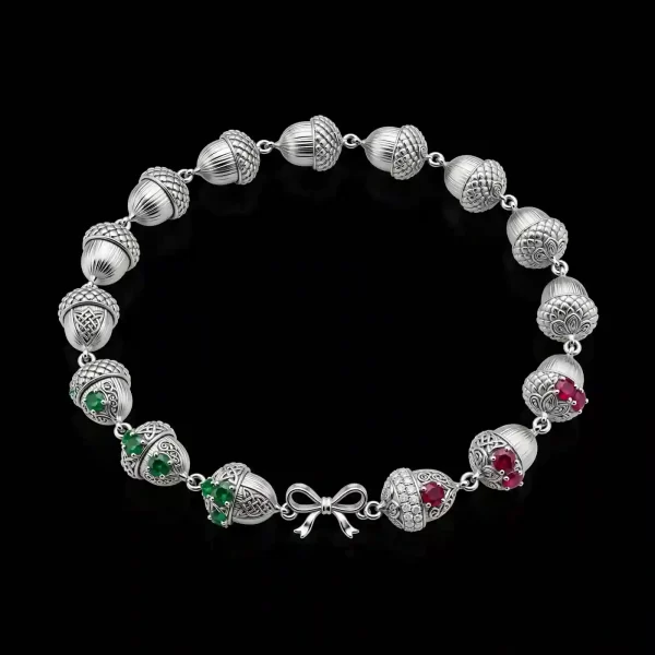 Acorn Forest Bow Emerald Ruby Diamond Bracelet - Platinum Acorn Cap Emerald Ruby Diamond Bow