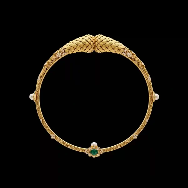 The Acorn Cap Scale Pearl Emerald Diamond Gold Bangle - ExpensiveE Acorn Pearl Collection 01/01