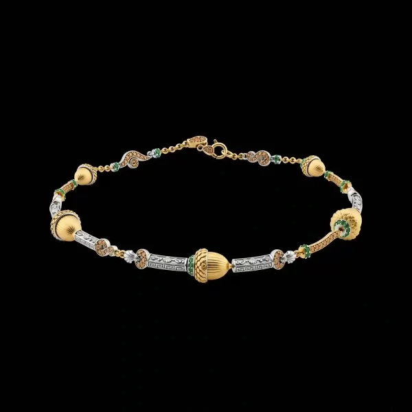 Acorn Cap Dual Tone Chain Bracelet - Gold Platinum Acorn Cap Chain Emerald Brown Diamond Aztec Scroll