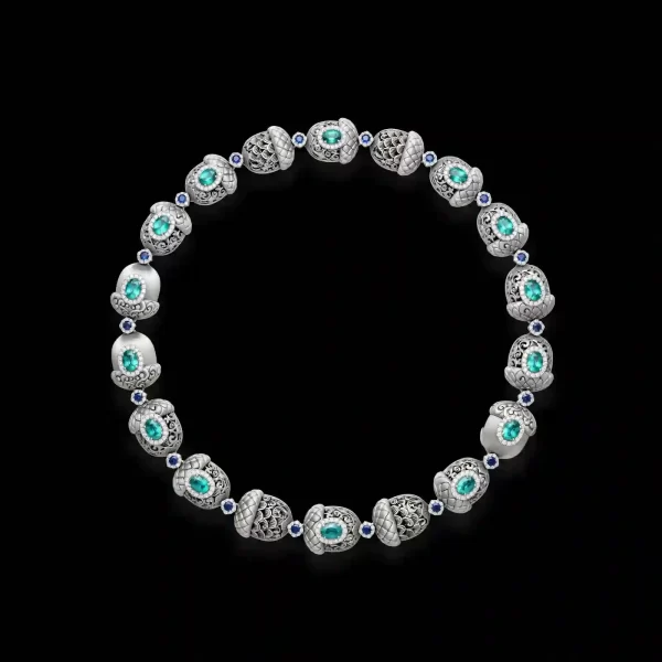 The Acorn Cap Filigree Paraiba Tourmaline Blue Sapphire Diamond Tennis Bracelet - ExpensiveE Acorn Paraiba Collection 01/01