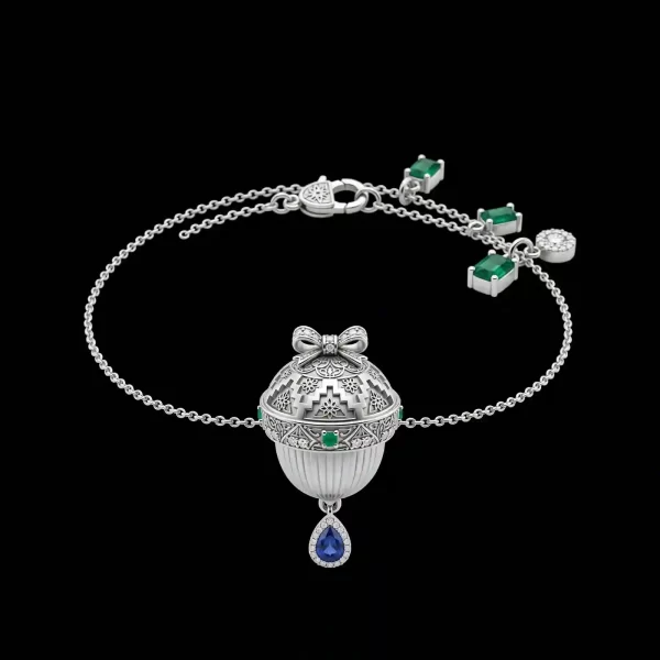 The Acorn Bow Sapphire Emerald Diamond Charm Bracelet with Teardrop Drop - ExpensiveE Acorn Charm Collection 01/01