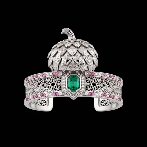 Acorn Bloom Emerald Diamond Cuff Bangle - Platinum Acorn Cap Emerald Diamond Filigree Cuff Crown