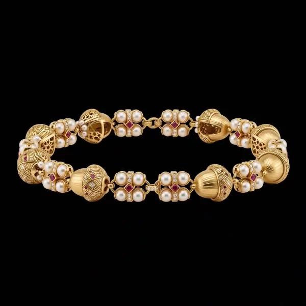 Acorn Filigree Pearl Ruby Diamond Gold Bracelet