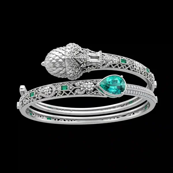 Emerald Forest Acorn Temple Platinum Diamond Wrap Cuff
