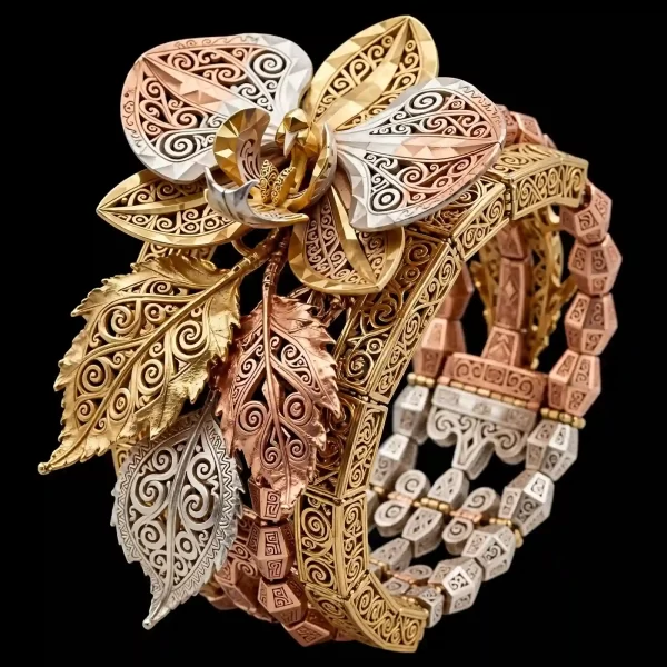 Orchid Ainu Tri Color Gold Platinum Rose Spiral Filigree Cuff