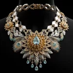 Andes Chrysanthemum Paraiba Peacock Feather Platinum Gold Necklace