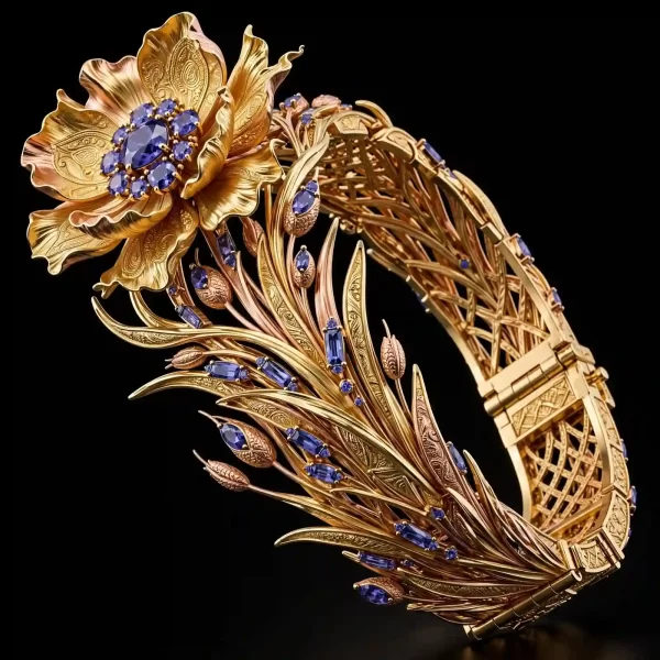 Anemone Bloom Tanzanite Mixed Gold Bangle - Tri-Tone Gold Anemone Bloom Tanzanite Leaf Grass Articulated Cuff