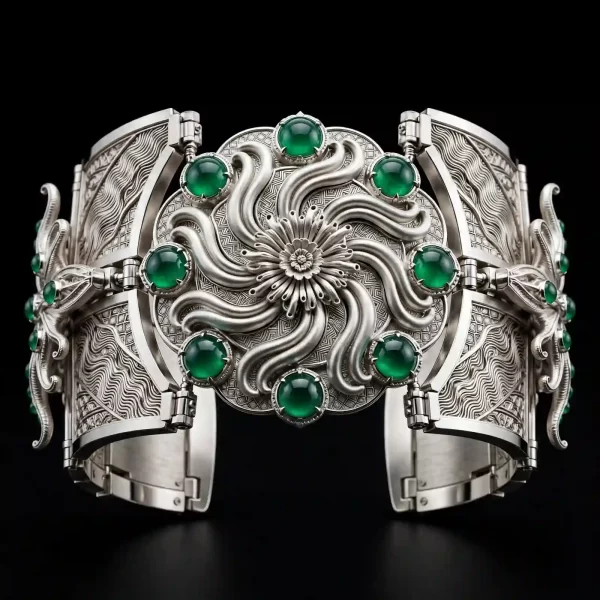 Anemone Sunburst Emerald Cabochon Platinum Temple Cuff