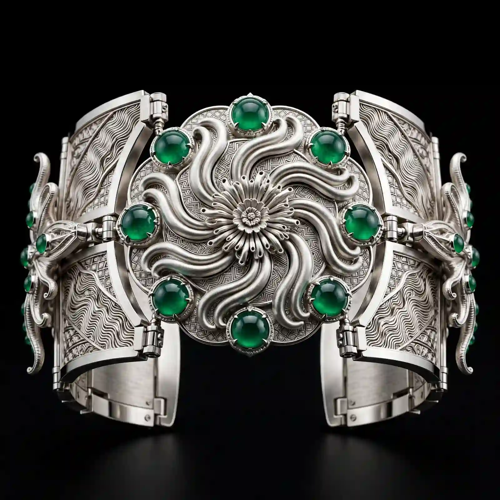 Anemone Sunburst Emerald Cabochon Platinum Temple Cuff