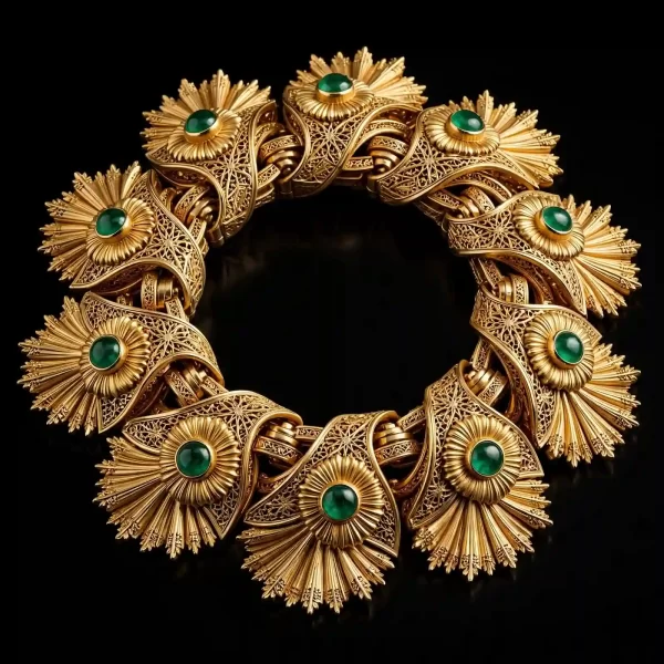 The Anemone Sunburst Emerald Gold Filigree Fan Dome Bangle - ExpensiveE Anemone Sunburst Collection 01/01