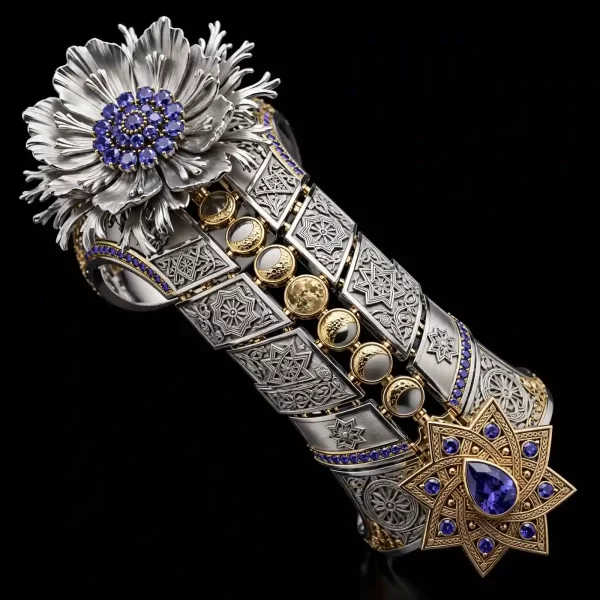 The Anemone Moon Phase Tanzanite Gold Platinum Islamic Star Temple Hinged Cuff Bangle - ExpensiveE Anemone Moon Collection 01/01