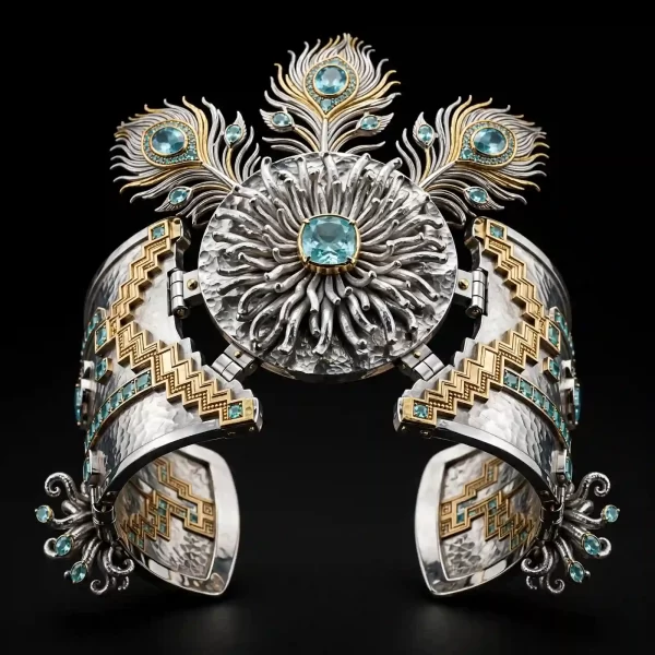 Anemone Peacock Feather Aqua Platinum Cuff - Platinum Gold Anemone Peacock Feather Aqua Zigzag Hammered Hinged Cuff