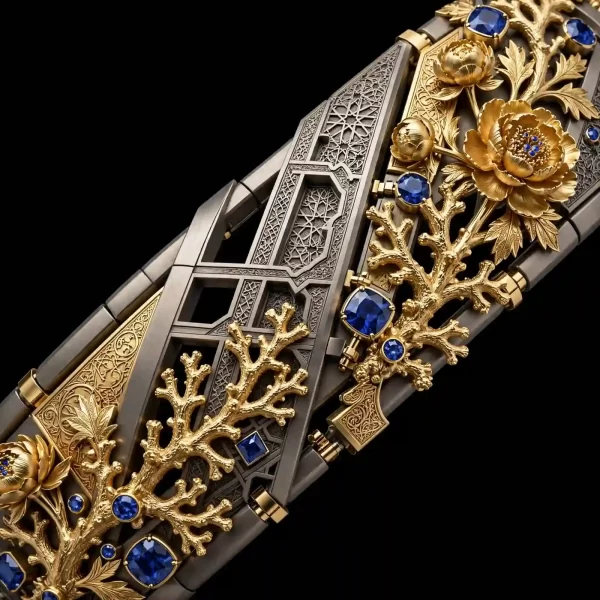 Coral Peony Sapphire Blackened Platinum Cuff - Blackened Platinum Gold Coral Peony Sapphire Architectural Lattice Bangle