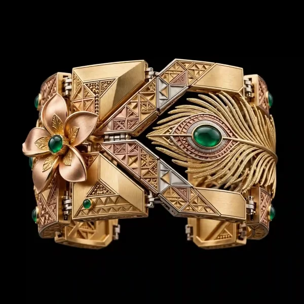 Peacock Eye Emerald Tri-Tone Architectural Cuff - Tri-Tone Gold Peacock Eye Emerald Flower Geometric Lattice Cuff
