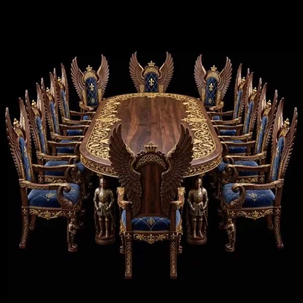 The Arthurian Camelot Winged Knight 14 Seater Royal Dining Table Set with Knight Statue Legs - ExpensiveE King Arthur Collection