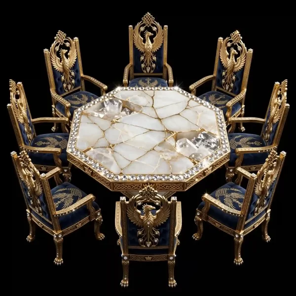 The Arthurian Peacock Feather Round Table 8 Seater Knight Dining Set - ExpensiveE Camelot Collection