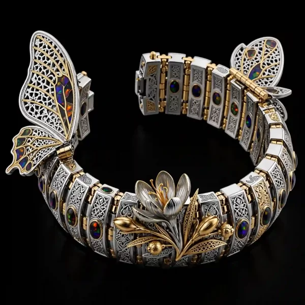 Butterfly Opal Crocus Platinum Gold Bangle - Platinum Gold Butterfly Opal Crocus Articulated Torque Bangle