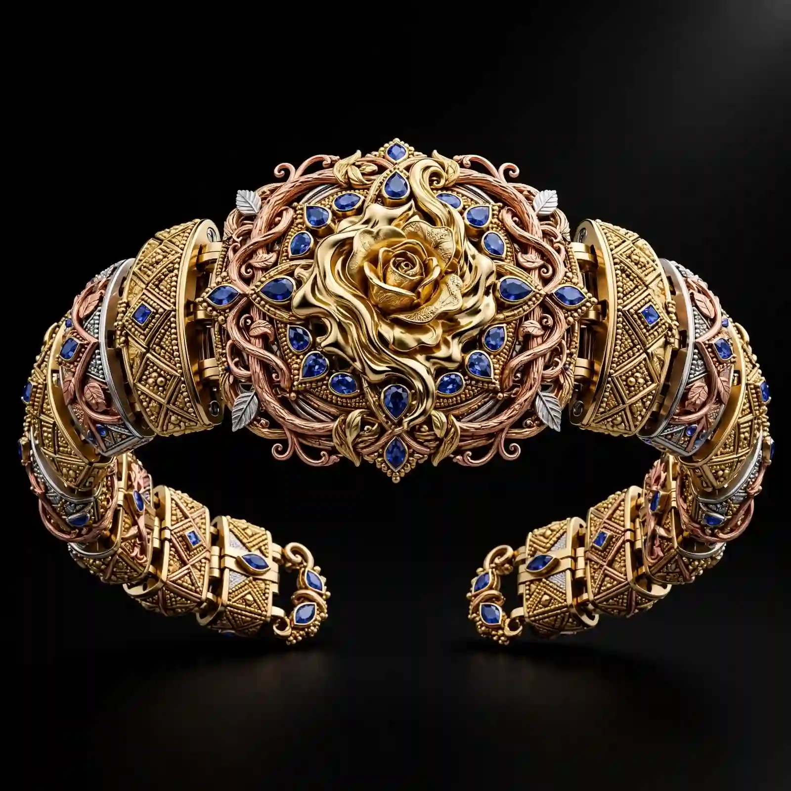Golden Rose Sapphire Tri-Tone Torque Bangle - Tri-Tone Gold Rose Sapphire Articulated Hinged Cuff