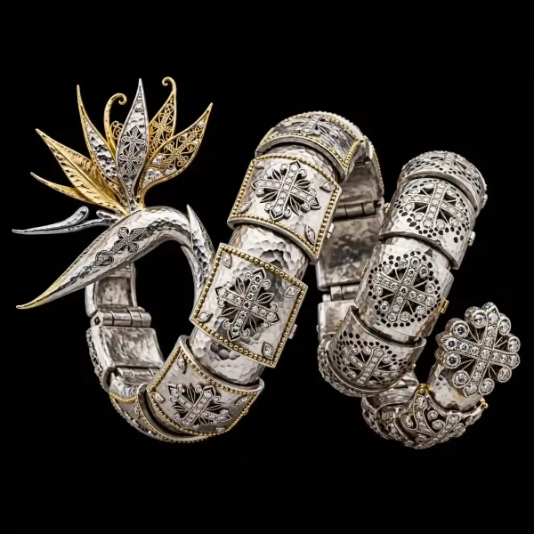 Bird of Paradise Diamond Cross Platinum Bangle - Platinum Gold Bird Of Paradise Cross Diamond Hammered Articulated Torque