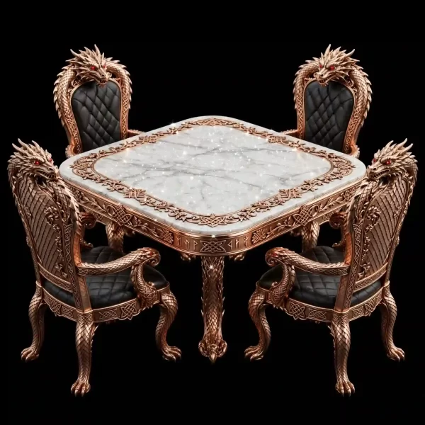 The Asgardian Rose Gold Dragon Stardust White Marble 4 Seater Square Dining Set - ExpensiveE Dragon Lord Collection 01/01