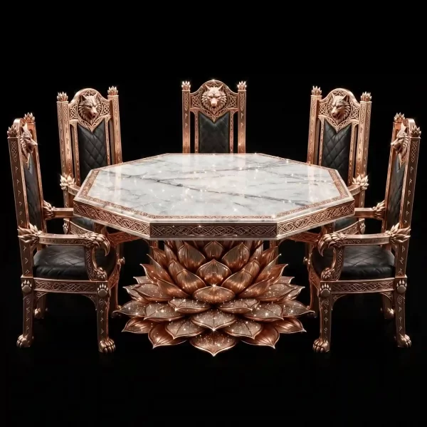 Asgard Wolf Viking Dining Set - White Marble Rose Gold Black 5 Seater