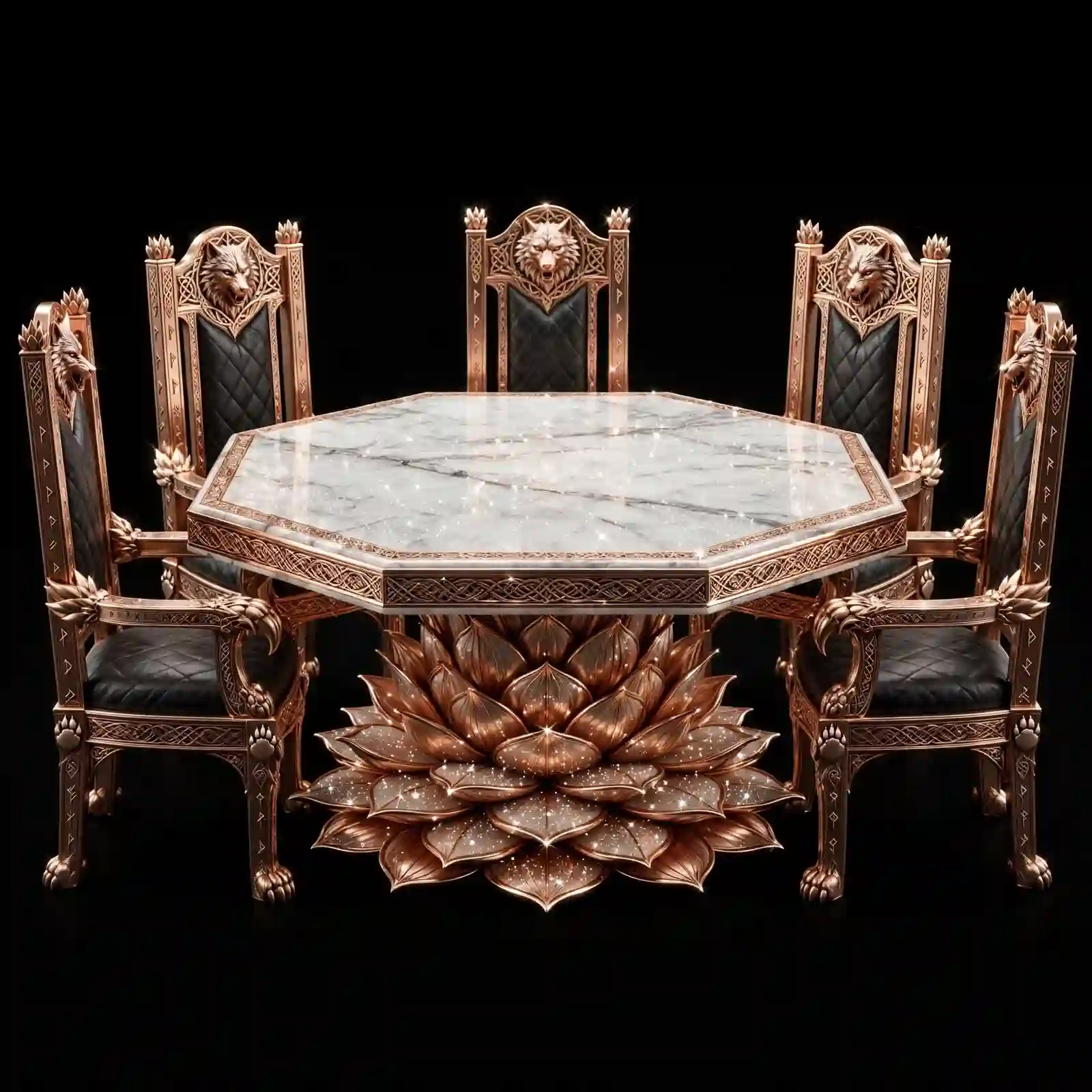 Asgard Wolf Viking Dining Set - White Marble Rose Gold Black 5 Seater